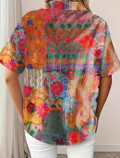 New Women's Shirt Long Sleeve Button Down Blouse Floral Graphic Vintage Tropical Daily Short Sleeve Shirt Collar Regular Tops Daily Black Pink Royal Blue Blue Purple Summer Spring Women Blouses & Shirts