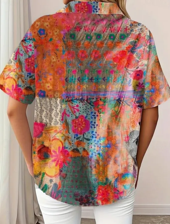 New Women's Shirt Long Sleeve Button Down Blouse Floral Graphic Vintage Tropical Daily Short Sleeve Shirt Collar Regular Tops Daily Black Pink Royal Blue Blue Purple Summer Spring Women Blouses & Shirts
