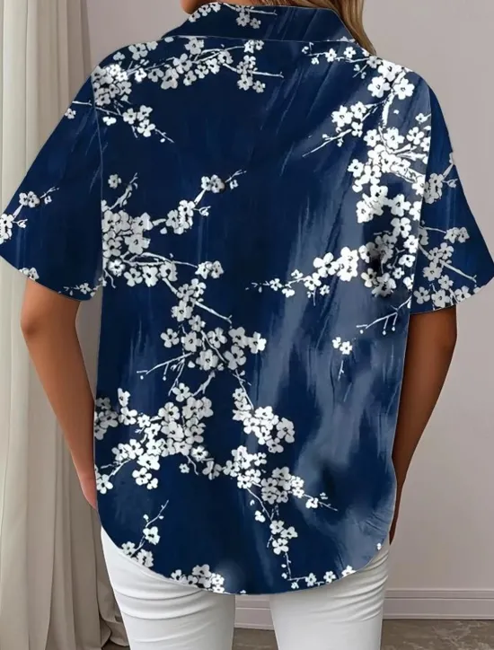 New Women's Shirt Long Sleeve Button Down Blouse Floral Graphic Vintage Tropical Daily Short Sleeve Shirt Collar Regular Tops Daily Black Pink Royal Blue Blue Purple Summer Spring Women Blouses & Shirts