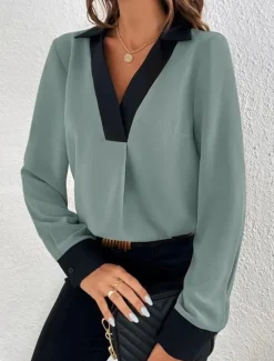 Best Women's Shirt Long Sleeve V Neck White Brown Green Spring & Fall Women Blouses & Shirts