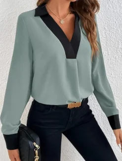 Best Women's Shirt Long Sleeve V Neck White Brown Green Spring & Fall Women Blouses & Shirts