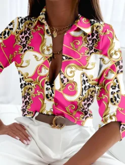 Online Women's Shirt Long Sleeve Button Down Blouse Basic Buttons Print Regular Tops Shirt Collar Casual Pink Red Purple Spring Fall Women Blouses & Shirts