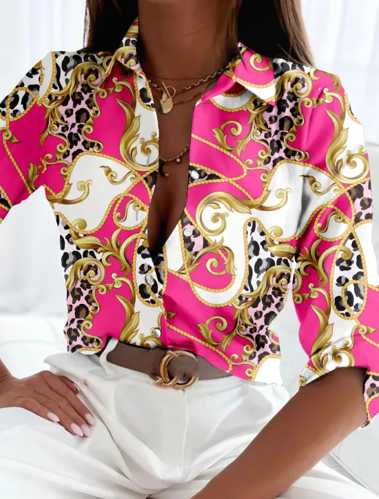 Online Women's Shirt Long Sleeve Button Down Blouse Basic Buttons Print Regular Tops Shirt Collar Casual Pink Red Purple Spring Fall Women Blouses & Shirts