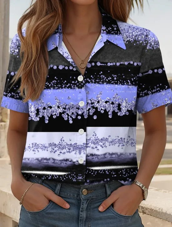 Discount Women's Shirt Long Sleeve Button Down Blouse Graphic Geometric Daily Casual Short Sleeve Shirt Collar Regular Tops Daily Pink Blue Green Summer Spring Women Blouses & Shirts