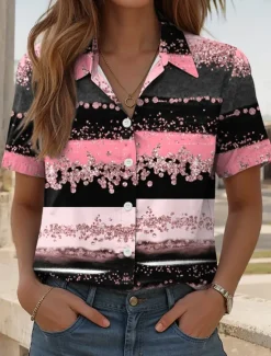 Discount Women's Shirt Long Sleeve Button Down Blouse Graphic Geometric Daily Casual Short Sleeve Shirt Collar Regular Tops Daily Pink Blue Green Summer Spring Women Blouses & Shirts