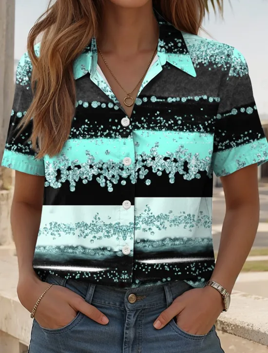 Discount Women's Shirt Long Sleeve Button Down Blouse Graphic Geometric Daily Casual Short Sleeve Shirt Collar Regular Tops Daily Pink Blue Green Summer Spring Women Blouses & Shirts