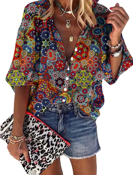 Outlet Women's Shirt Long Sleeve Button Down Blouse Hawaiian Graphic Prints Button Print Daily Weekend Basic Boho V Neck Long Loose Fit Summer Holiday Clothes Women Spring Tops|Boho Tops