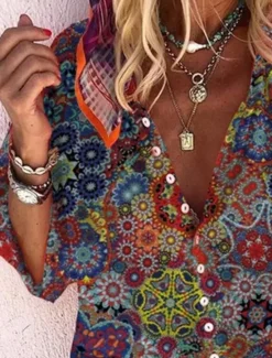 Outlet Women's Shirt Long Sleeve Button Down Blouse Hawaiian Graphic Prints Button Print Daily Weekend Basic Boho V Neck Long Loose Fit Summer Holiday Clothes Women Spring Tops|Boho Tops