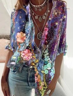 Sale Women's Shirt Long Sleeve Button Down Blouse Basic Floral Buttons Print Long Tops V Neck Casual Holiday Spring Fall Women Blouses & Shirts|Spring Tops