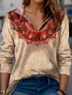 Online Women's Shirt Long Sleeve V Neck Graphic Modern Casual Shirt Collar Long Tops Daily Buttons Print Black Yellow Pink Red Blue Spring Fall Women Spring Tops|Boho Tops