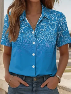 Women's Shirt Long Sleeve Button Down Blouse Ombre Graphic Paisley Daily Casual Short Sleeve Shirt Collar Regular Tops Daily Red Blue Fuchsia Summer Spring Women Boho Tops