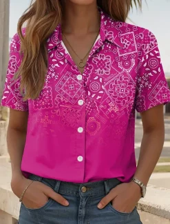 Women's Shirt Long Sleeve Button Down Blouse Ombre Graphic Paisley Daily Casual Short Sleeve Shirt Collar Regular Tops Daily Red Blue Fuchsia Summer Spring Women Boho Tops