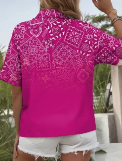Women's Shirt Long Sleeve Button Down Blouse Ombre Graphic Paisley Daily Casual Short Sleeve Shirt Collar Regular Tops Daily Red Blue Fuchsia Summer Spring Women Boho Tops