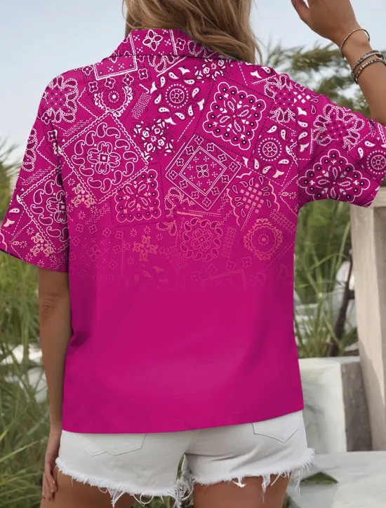Women's Shirt Long Sleeve Button Down Blouse Ombre Graphic Paisley Daily Casual Short Sleeve Shirt Collar Regular Tops Daily Red Blue Fuchsia Summer Spring Women Boho Tops