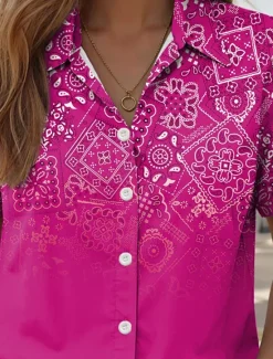 Women's Shirt Long Sleeve Button Down Blouse Ombre Graphic Paisley Daily Casual Short Sleeve Shirt Collar Regular Tops Daily Red Blue Fuchsia Summer Spring Women Boho Tops