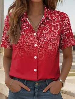 Women's Shirt Long Sleeve Button Down Blouse Ombre Graphic Paisley Daily Casual Short Sleeve Shirt Collar Regular Tops Daily Red Blue Fuchsia Summer Spring Women Boho Tops