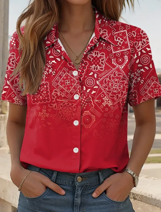 Women's Shirt Long Sleeve Button Down Blouse Ombre Graphic Paisley Daily Casual Short Sleeve Shirt Collar Regular Tops Daily Red Blue Fuchsia Summer Spring Women Boho Tops
