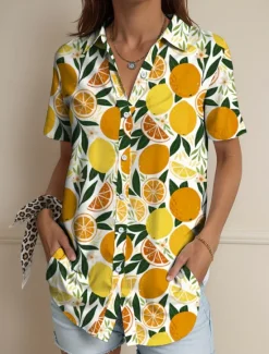 Hot Women's Shirt Long Sleeve Button Down Blouse Floral Graphic Fruit Vintage Tropical Daily Sleeveless Short Sleeve Shirt Collar Regular Tops Daily Yellow Orange Summer Spring Women Blouses & Shirts