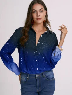 New Women's Shirt Long Sleeve Button Down Blouse Basic Buttons Print Regular Tops Shirt Collar Casual Daily Blue Gray Spring Fall Women Blouses & Shirts