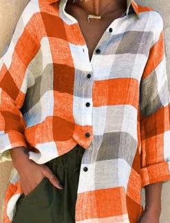 Online Women's Shirt Plaid Stylish Casual Long Sleeve Shirt Collar Regular Tops Daily Buttons Print Purple Orange Green Gray Summer Spring Women Shirts