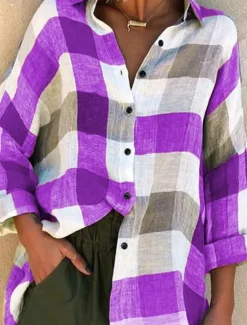 Online Women's Shirt Plaid Stylish Casual Long Sleeve Shirt Collar Regular Tops Daily Buttons Print Purple Orange Green Gray Summer Spring Women Shirts