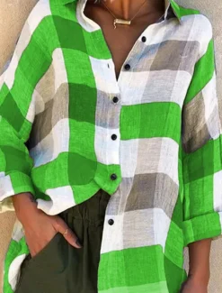 Online Women's Shirt Plaid Stylish Casual Long Sleeve Shirt Collar Regular Tops Daily Buttons Print Purple Orange Green Gray Summer Spring Women Shirts