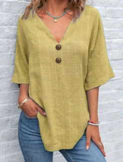 Best Women's Shirt Plain Basic Casual Half Sleeve Shirt Collar Regular Tops Daily Buttons Yellow Royal Blue Green Light Grey Gray Summer Women Shirts