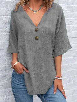 Best Women's Shirt Plain Basic Casual Half Sleeve Shirt Collar Regular Tops Daily Buttons Yellow Royal Blue Green Light Grey Gray Summer Women Shirts