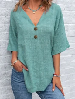 Best Women's Shirt Plain Basic Casual Half Sleeve Shirt Collar Regular Tops Daily Buttons Yellow Royal Blue Green Light Grey Gray Summer Women Shirts