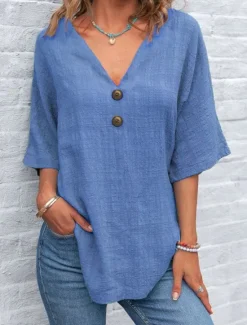 Best Women's Shirt Plain Basic Casual Half Sleeve Shirt Collar Regular Tops Daily Buttons Yellow Royal Blue Green Light Grey Gray Summer Women Shirts