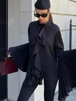 Outlet Women's Shirt Plain Elegant Stylish Basic Long Sleeve Bell Sleeve Regular Tops Daily Holiday Ruffle Black Wine Summer Spring Fall Women Blouses & Shirts