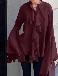 Outlet Women's Shirt Plain Elegant Stylish Basic Long Sleeve Bell Sleeve Regular Tops Daily Holiday Ruffle Black Wine Summer Spring Fall Women Blouses & Shirts