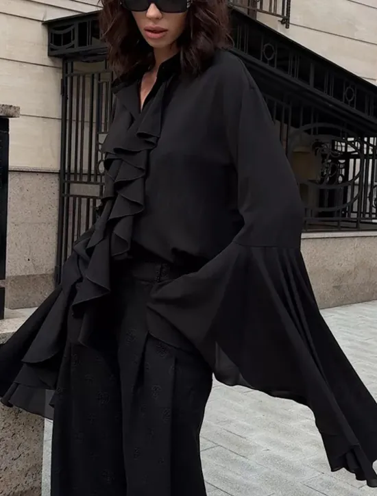 Outlet Women's Shirt Plain Elegant Stylish Basic Long Sleeve Bell Sleeve Regular Tops Daily Holiday Ruffle Black Wine Summer Spring Fall Women Blouses & Shirts