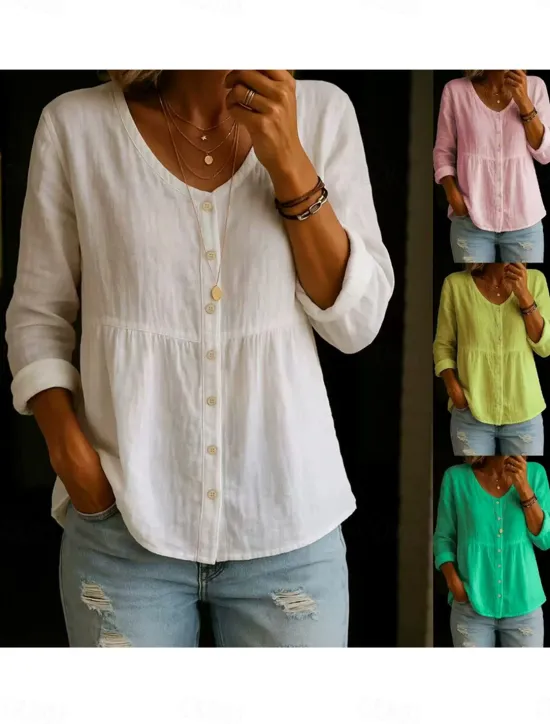 Sale Women's Shirt Solid Color Plain Stylish Casual Long Sleeve Shirt Collar Regular Tops Daily Smocked Buttons White Yellow Pink Green Summer Spring Women Shirts