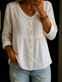 Sale Women's Shirt Solid Color Plain Stylish Casual Long Sleeve Shirt Collar Regular Tops Daily Smocked Buttons White Yellow Pink Green Summer Spring Women Shirts