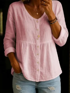 Sale Women's Shirt Solid Color Plain Stylish Casual Long Sleeve Shirt Collar Regular Tops Daily Smocked Buttons White Yellow Pink Green Summer Spring Women Shirts
