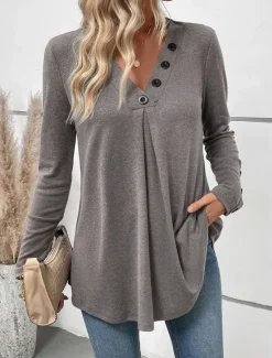 Outlet Women's Shirt Solid Color Casual Long Sleeve V Neck Regular Tops Daily Buttons Fall Winter Women Tunic Tops