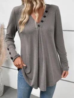 Outlet Women's Shirt Solid Color Casual Long Sleeve V Neck Regular Tops Daily Buttons Fall Winter Women Tunic Tops