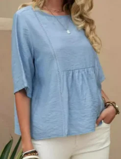 Discount Women's Shirt Solid Color Plain Bohemia Daily Stylish Half Sleeve Crew Neck Regular Tops Daily Holiday Going out Patchwork White Blue Summer Spring Women Shirts