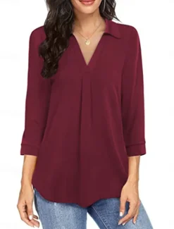 Online Women's Shirt Solid Color Elegant Stylish Basic 3/4 Length Sleeve V Neck Regular Tops Daily Black Wine Blue Green Spring Fall Women Blouses & Shirts