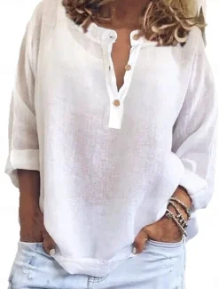 Outlet Women's Shirt Solid Color Plain Stylish Casual Long Sleeve V Neck Notched Neck Regular Tops Daily Buttons White Yellow Blue Purple Summer Spring Women Shirts