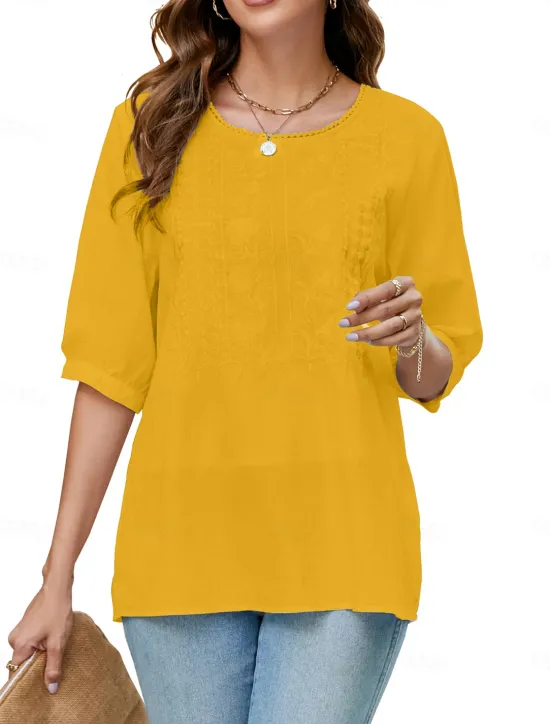 Best Women's Shirt Solid Color Floral Casual Boho 3/4 Length Sleeve Elbow Sleeve Crew Neck Regular Tops Vacation Party Daily Embroidered White Yellow Khaki Autumn / Fall Spring & Summer Women Blouses & Shirts
