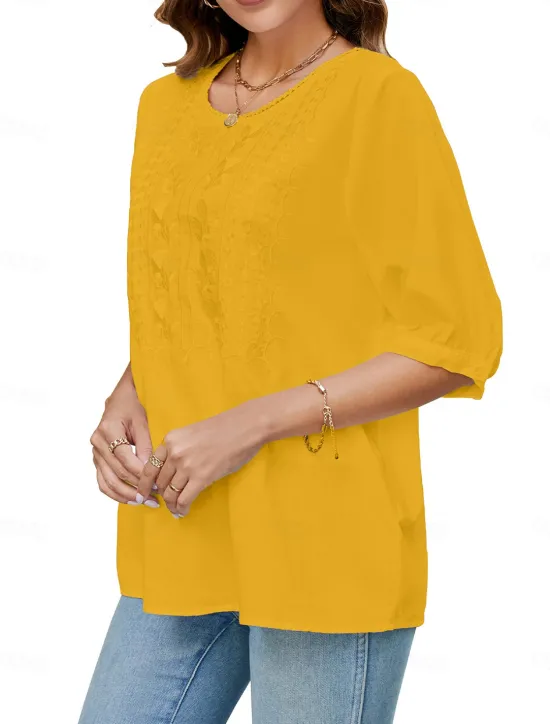 Best Women's Shirt Solid Color Floral Casual Boho 3/4 Length Sleeve Elbow Sleeve Crew Neck Regular Tops Vacation Party Daily Embroidered White Yellow Khaki Autumn / Fall Spring & Summer Women Blouses & Shirts