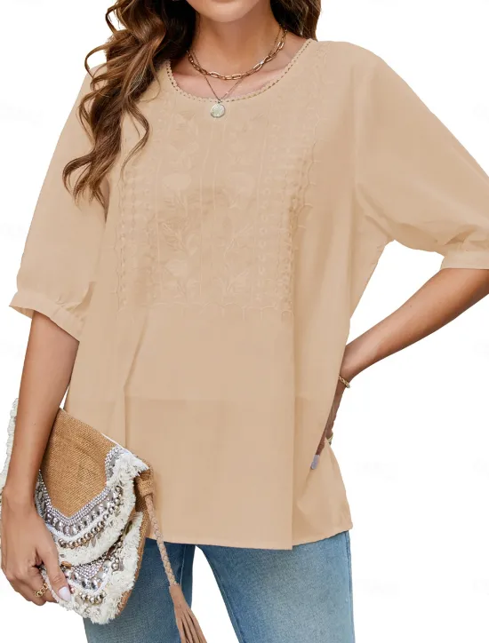 Best Women's Shirt Solid Color Floral Casual Boho 3/4 Length Sleeve Elbow Sleeve Crew Neck Regular Tops Vacation Party Daily Embroidered White Yellow Khaki Autumn / Fall Spring & Summer Women Blouses & Shirts