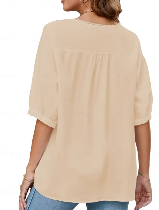 Best Women's Shirt Solid Color Floral Casual Boho 3/4 Length Sleeve Elbow Sleeve Crew Neck Regular Tops Vacation Party Daily Embroidered White Yellow Khaki Autumn / Fall Spring & Summer Women Blouses & Shirts
