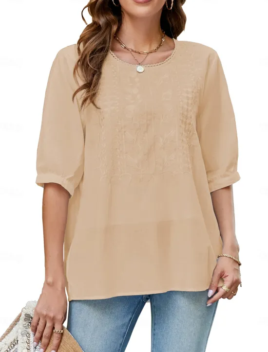 Best Women's Shirt Solid Color Floral Casual Boho 3/4 Length Sleeve Elbow Sleeve Crew Neck Regular Tops Vacation Party Daily Embroidered White Yellow Khaki Autumn / Fall Spring & Summer Women Blouses & Shirts