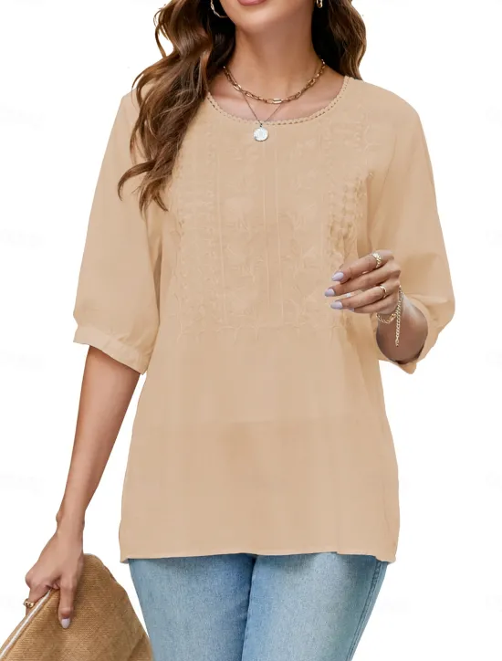 Best Women's Shirt Solid Color Floral Casual Boho 3/4 Length Sleeve Elbow Sleeve Crew Neck Regular Tops Vacation Party Daily Embroidered White Yellow Khaki Autumn / Fall Spring & Summer Women Blouses & Shirts
