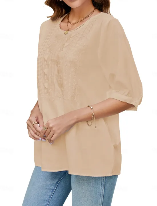 Best Women's Shirt Solid Color Floral Casual Boho 3/4 Length Sleeve Elbow Sleeve Crew Neck Regular Tops Vacation Party Daily Embroidered White Yellow Khaki Autumn / Fall Spring & Summer Women Blouses & Shirts
