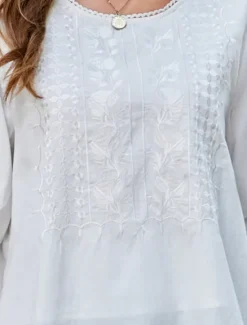 Best Women's Shirt Solid Color Floral Casual Boho 3/4 Length Sleeve Elbow Sleeve Crew Neck Regular Tops Vacation Party Daily Embroidered White Yellow Khaki Autumn / Fall Spring & Summer Women Blouses & Shirts