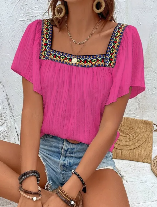 Clearance Women's Shirt Solid Color Stylish Casual Short Sleeve Square Neck Regular Tops Daily Patchwork Embroidered Black White Blue Fuchsia Summer Women Blouses & Shirts